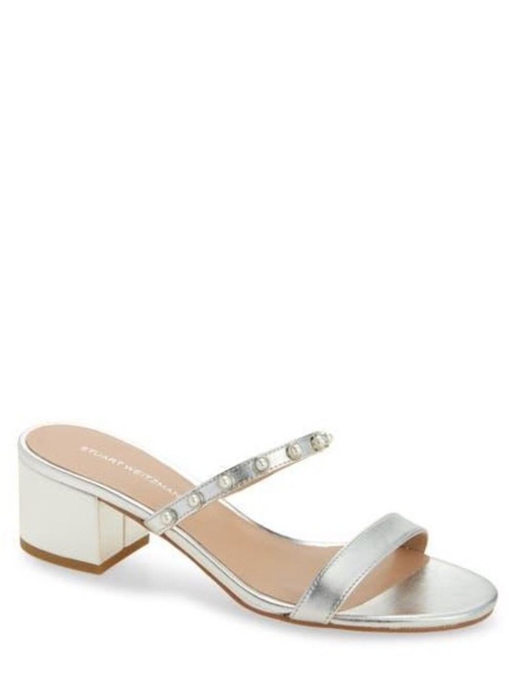 Stuart Weitzman White Pearly Strap Block Slide 50 Sandal Size 7